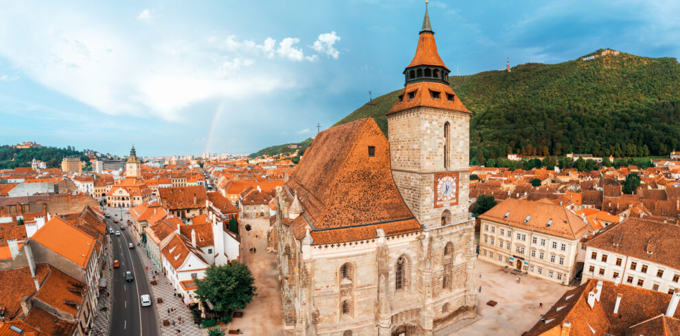 Aerial drone panoramic view of the The Black Church in Brasov, Romania